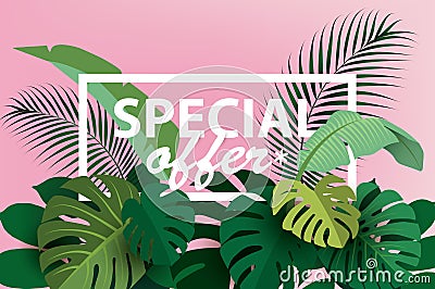 Framed branches of tropical plants with the inscription `SPECIAL OFFER`. Vector Illustration